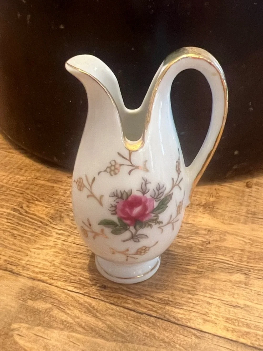 Vintage White Porcelain Mini Creamer with Pink Rose and Gold Trim